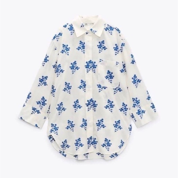 Zara Tops - Zara White Button Down Embroidered Oversized Shirt Flowers Size Small